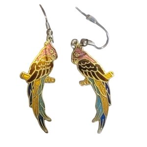 Parrot Earrings Vintage Colorful Genuine Cloisone Enamel Wire Dangle Earrings